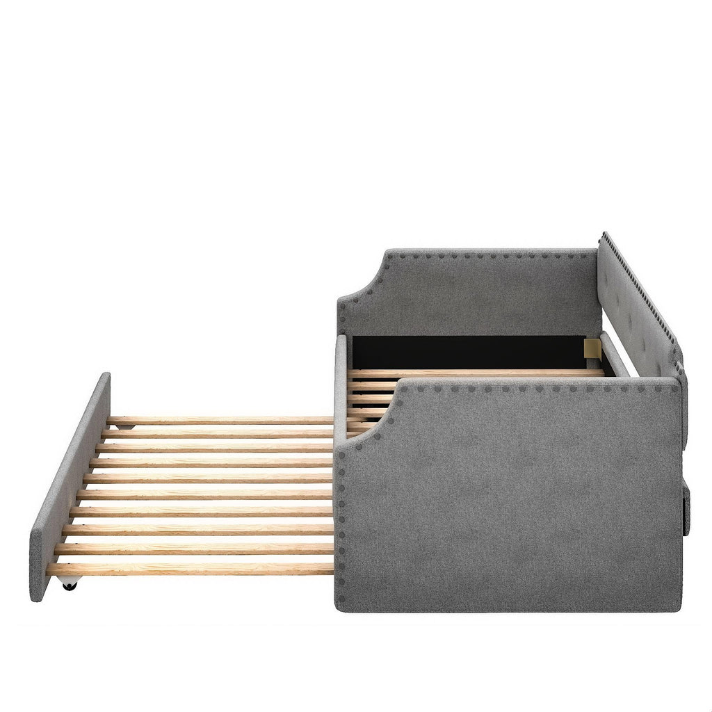 Gray Linen Upholstered Twin Daybed with Trundle Z61300