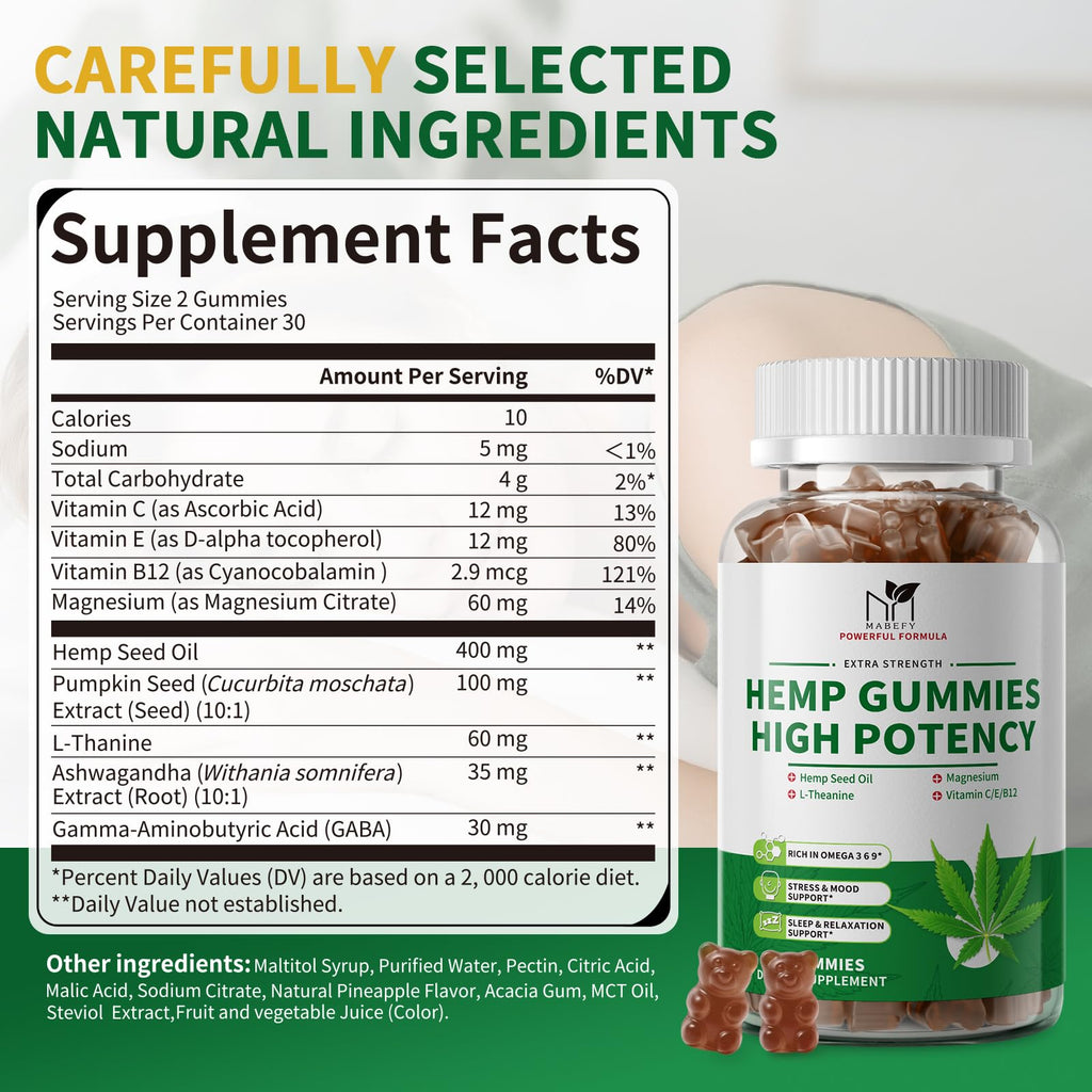 2 Pack Hemp Gummies with Magnesium, Vitamins, Pumpkin Seed, Ashwagandha, GABA, L-Theanine, Pineapple Flavor, 120 Bears, Vegan U35695