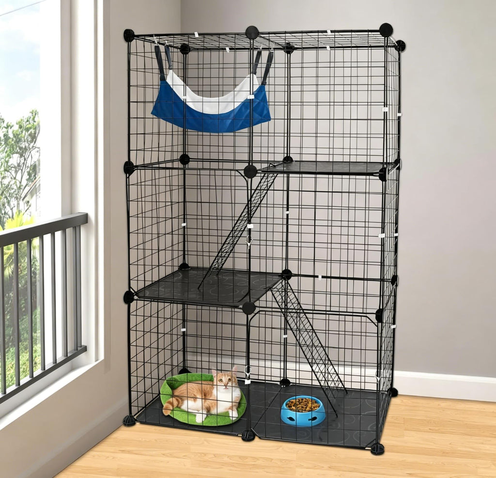 3 Tier Metal Cat Playpen Cage with 3 Doors 2 Ladders D55832