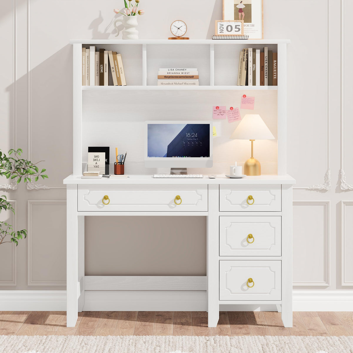 47" White and Gold Desk with Hutch and 4 Drawers R7170