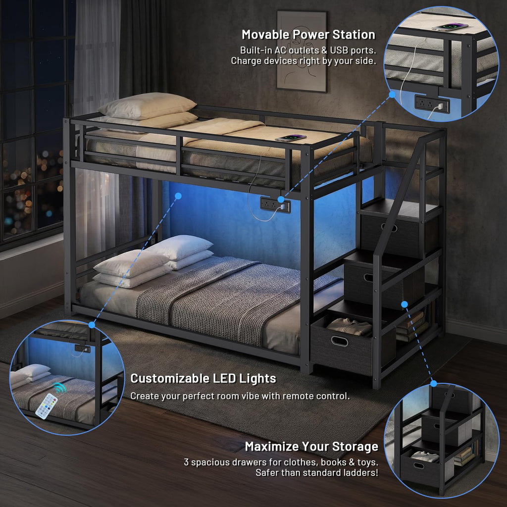 Twin Over Twin Metal Bunk Bed with Storage Stairs, Drawers & Shelves, Power Outlet and RGB LED Lights, Safety Guardrails & Metal Slats (Black) K831