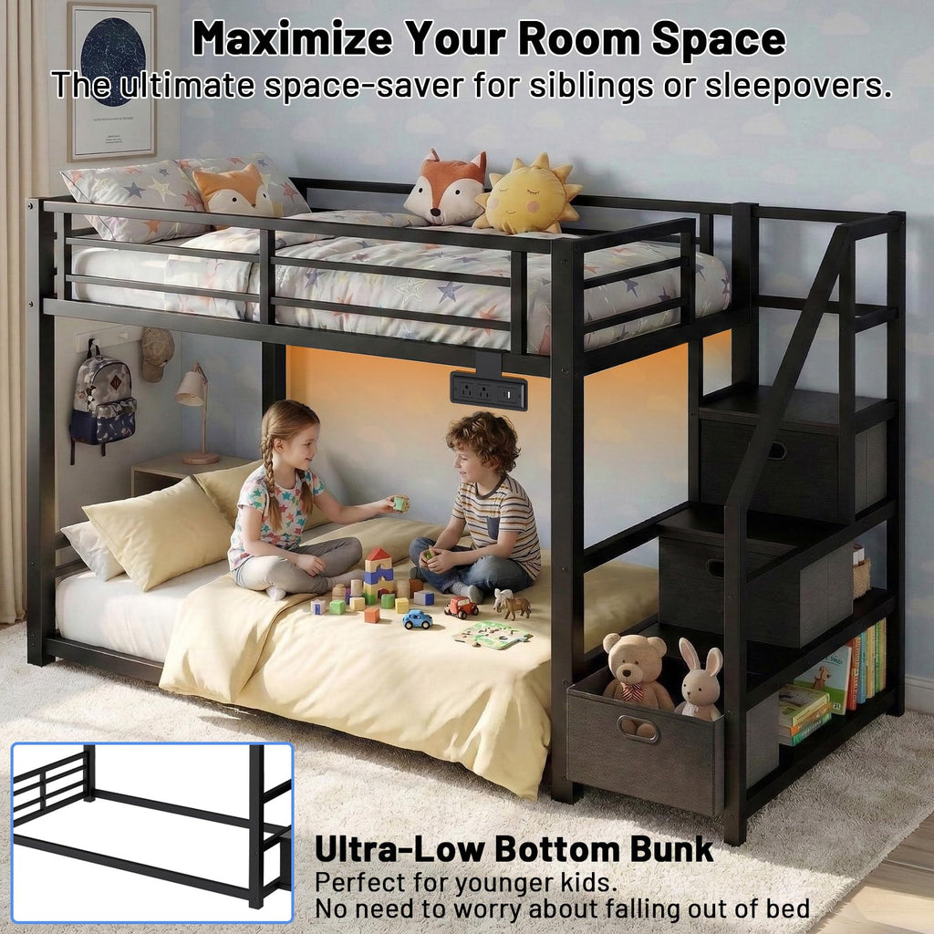 Twin Over Twin Metal Bunk Bed with Storage Stairs, Drawers & Shelves, Power Outlet and RGB LED Lights, Safety Guardrails & Metal Slats (Black) K831