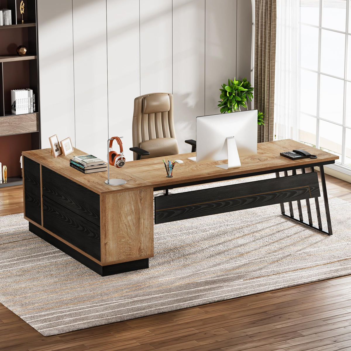 71-Inch L-Shaped Executive Desk with Cabinet Z560