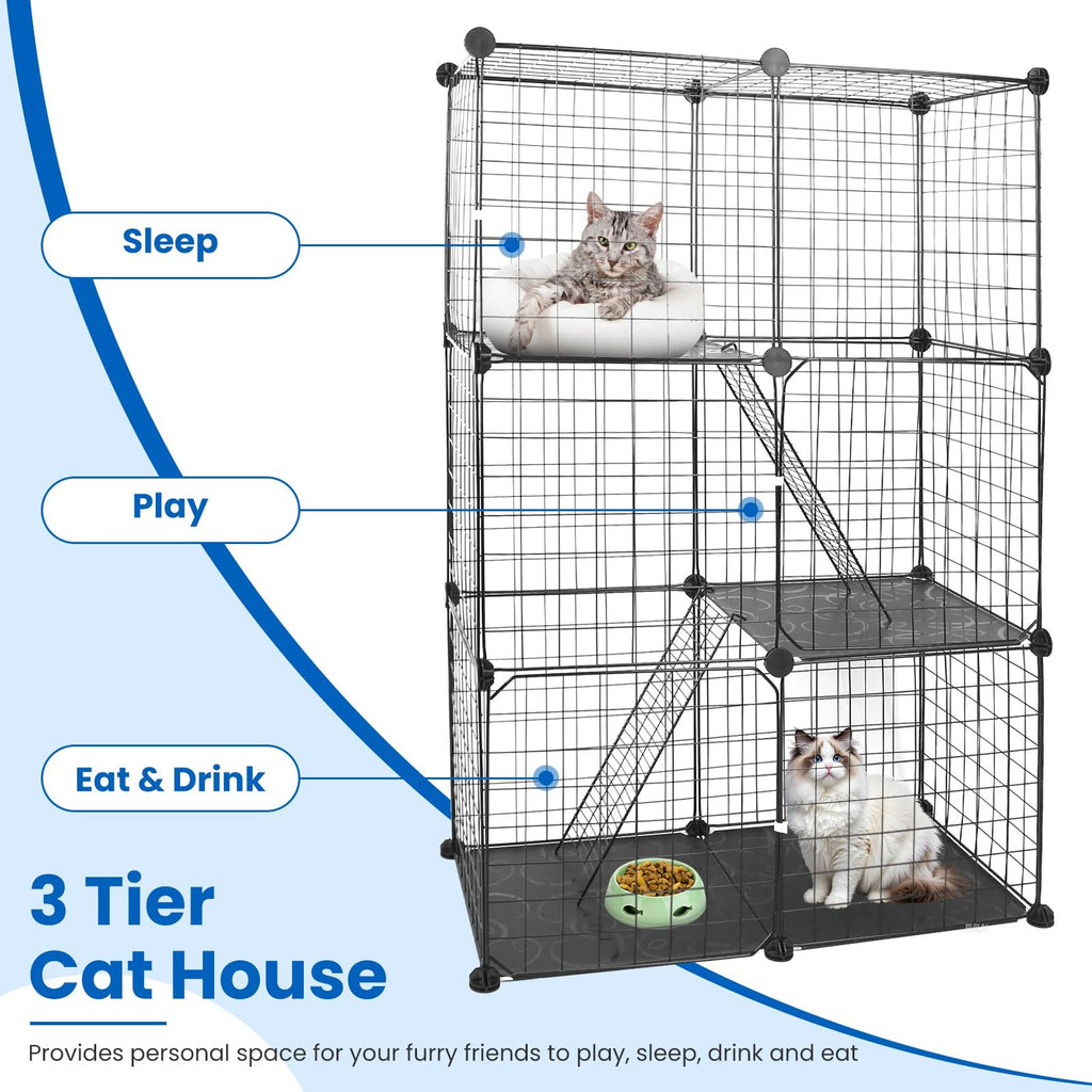 3 Tier Metal Cat Playpen Cage with 3 Doors 2 Ladders D55832
