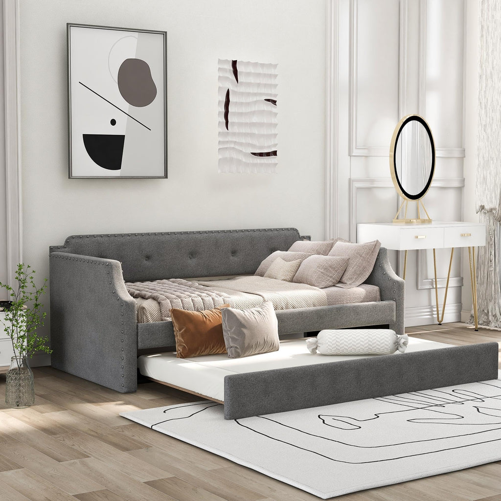 Gray Linen Upholstered Twin Daybed with Trundle Z61300