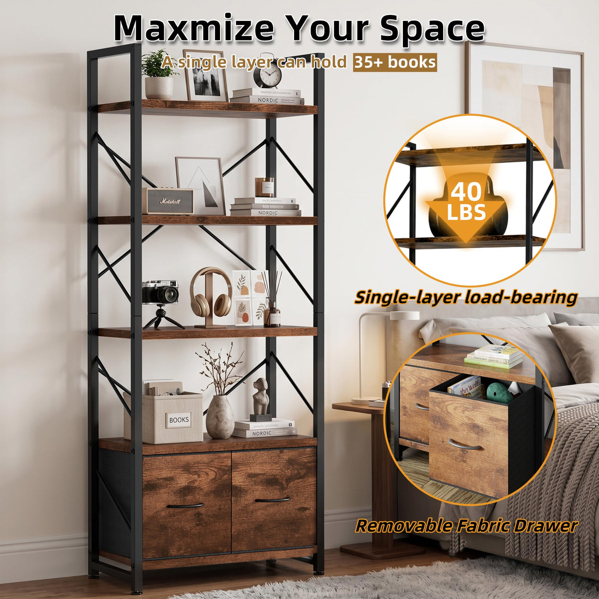 5 Tier Wood Bookshelf with Drawer W20252