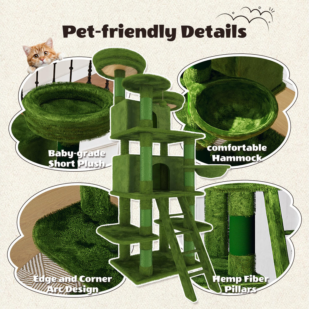 70.87" Green Multi-Level Cat Tree with Condos and Hammock M7292