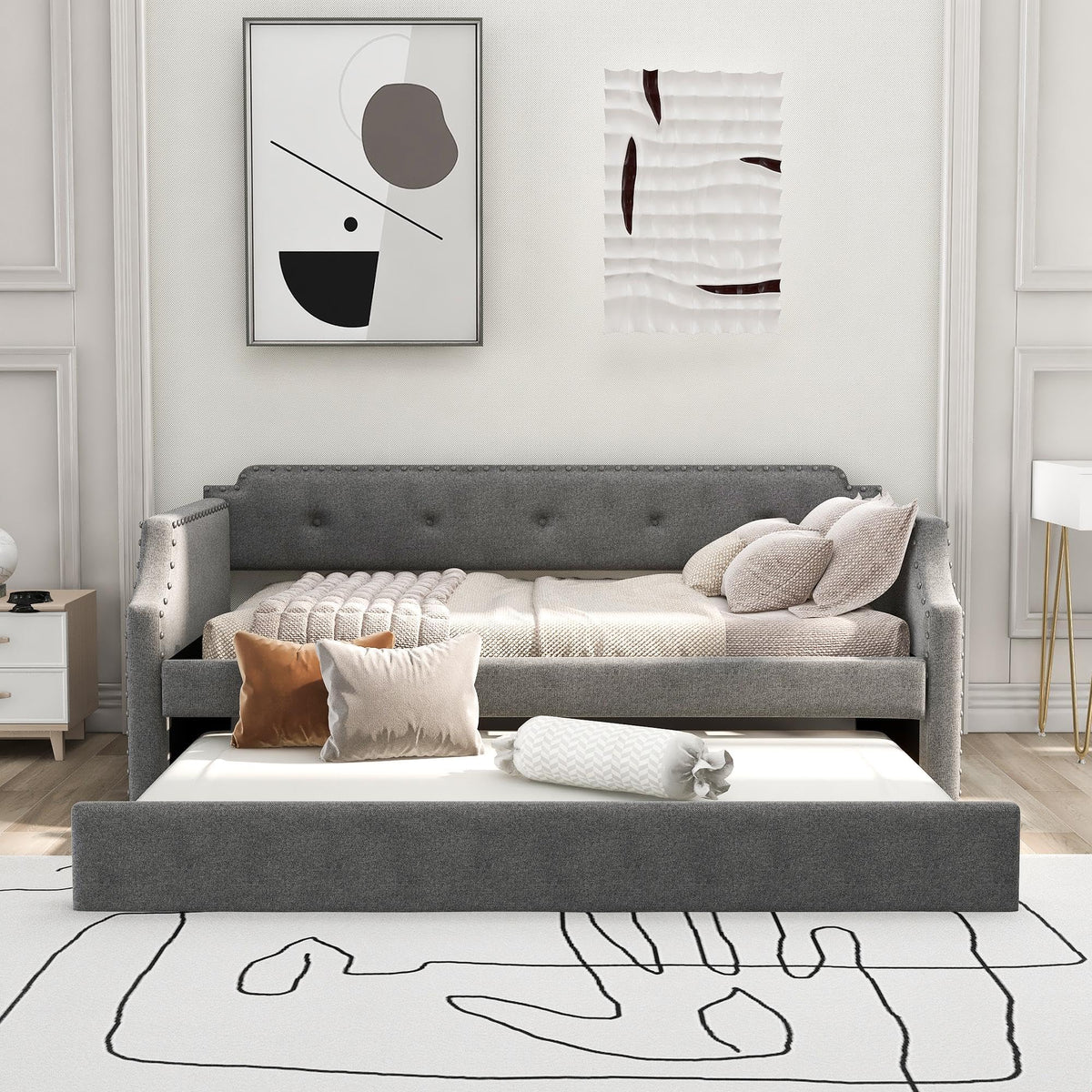 Gray Linen Upholstered Twin Daybed with Trundle Z61300