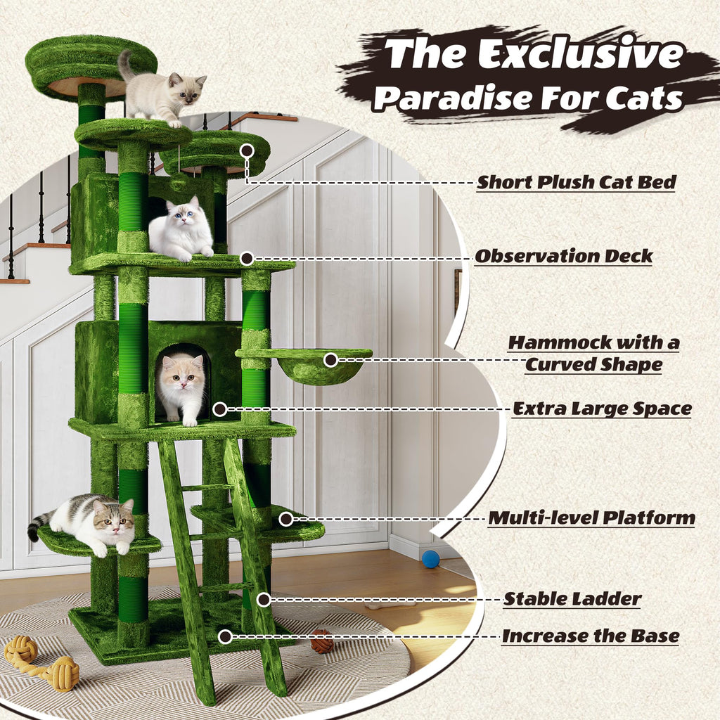 70.87" Green Multi-Level Cat Tree with Condos and Hammock M7292