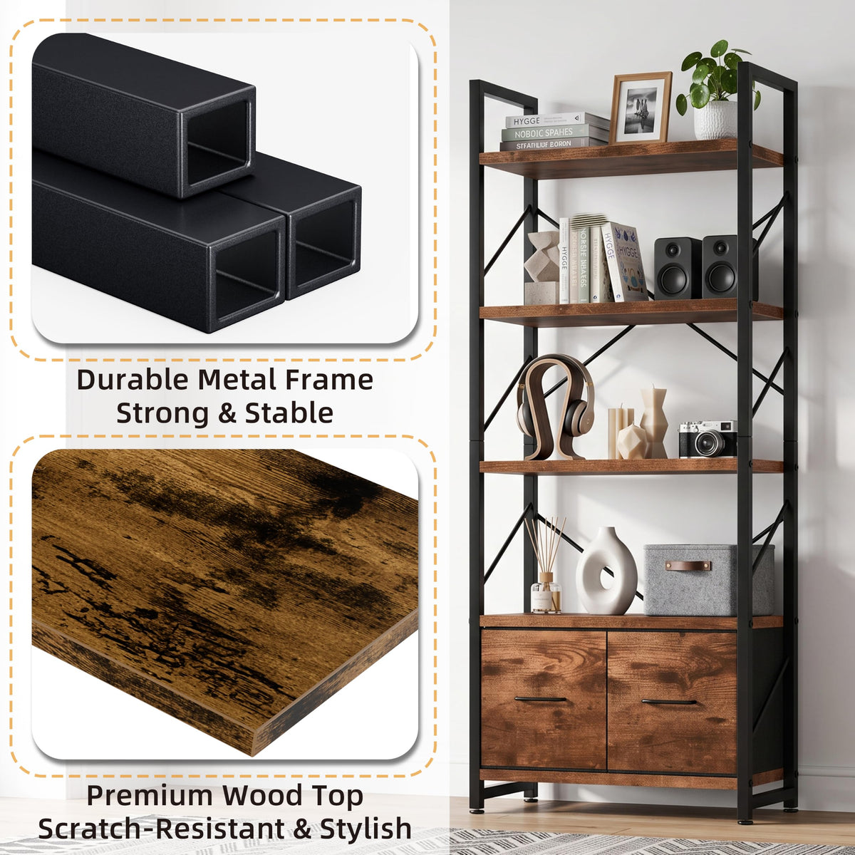 5 Tier Wood Bookshelf with Drawer W20252